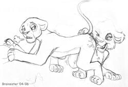 2004 2006 brainsister cunnilingus disney feline feral feral_on_feral furry furry_only kiara lineart lion monochrome oral rough_sketch sketch the_lion_king the_lion_king_ii:_simba's_pride vitani