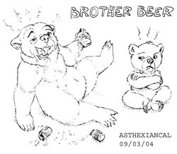 2004 asthexiancal beer brother_bear cub disney drunk feral kenai koda male_only monochrome rough_sketch sketch what