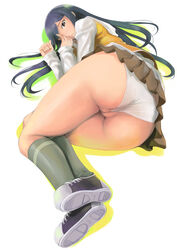 ass between_labia black_eyes black_hair blue_hair cameltoe clothing flossing footwear frontal_wedgie green_legwear green_socks huge_ass innie_pussy jacket kneehighs kuga_natsuki long_hair looking_back lying mai-hime mai_hime mikazuki_akira miniskirt my-hime natsuki_kuga on_side panties pantyshot pantyshot_(lying) pleated_skirt pussy pussy_wedgie school_uniform serafuku shoes skirt sneakers socks trimoon uncensored underwear wedgie white_panties