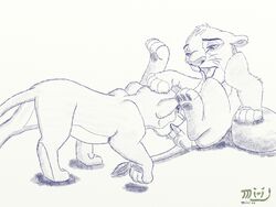 2008 balls cub disney erect_penis feline female feral feral_on_feral fur furry furry_only lion male mammal monochrome nala oral penis simba straight testicles the_lion_king whiskers young