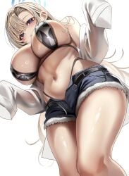 alternate_costume animal_print asuna_(blue_archive) bare_shoulders belt bikini black_belt black_shorts blonde_hair blue_archive blue_eyes blue_halo blush breasts closed_mouth commentary cow_print english_commentary female from_below halo highleg highleg_bikini highres huge_breasts long_hair long_sleeves looking_at_viewer looking_down navel off_shoulder ring_light_reflection short_shorts shorts sideboob simple_background solo stomach stone_(ksorede) swimsuit thighs white_background