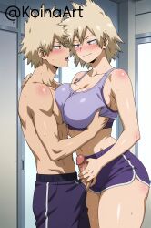 1boy 1girls ai_generated bakugou_mitsuki big_ass big_breasts boku_no_hero_academia booty_shorts breasts dolphin_shorts female female_domination femdom grabbing handjob highres huge_breasts incest katsuki_bakugou koinaart male mitsuki_bakugou mother_and_son my_hero_academia patreon penis short_shorts shorts smile smirk sports_bra sportswear stable_diffusion thick_ass thick_thighs