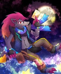 anthro anthro_male anthro_only black_briefs black_clothing black_underwear blue_scarf blue_waistband bodily_fluids bottomwear briefs brown_bottomwear brown_clothing brown_pants bulge canid canine card clothed clothed_anthro clothed_male clothing darkanroc delta_rune_(emblem) dripping furry furry_male furry_only generation_5_pokemon genital_fluids hi_res light male male_only male_pokemon mammal moonlight nintendo omega_symbol pants pokemon pokemon_(species) precum precum_drip scarf solo solo_anthro solo_male star_pattern symbol tarot tarot_card tongue underwear zoroark