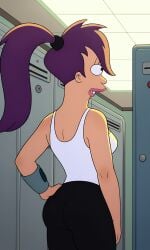 ai_generated ass bigmic145 breasts cyclops female futurama leggings locker_room medium_breasts one_eye purple_hair tank_top turanga_leela