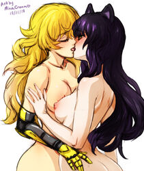 2girls animal_ears areolae artist_name ass black_hair blake_belladonna blonde_hair blush breasts canon_couple cat_ears closed_eyes collarbone couple curvy dated duo female female_only hug interspecies kissing long_hair looking_at_another medium_breasts minacream multiple_females multiple_girls mutual_yuri neck nipples nude passionate prosthetic prosthetic_arm robotic_arm romantic rwby sideboob simple_background sketch white_background yang_xiao_long yellow_eyes yuri