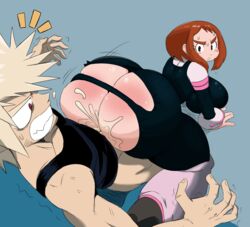 1boy 1girls ass bloxwhater blush_stickers bodysuit breasts clothed_sex cum curvy favorite female from_behind hero_outfit_(mha) highres huge_ass huge_breasts katsuki_bakugou large_breasts male my_hero_academia ochako_uraraka open_mouth sex sssonic2 sweat thick_thighs thighs uncensored