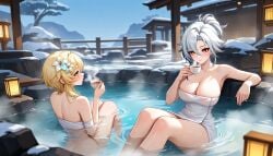 2girls ai_generated arlecchino_(genshin_impact) female genshin_impact liarty lumine_(genshin_impact) naked_female nude_female onsen tea_cup towel_only