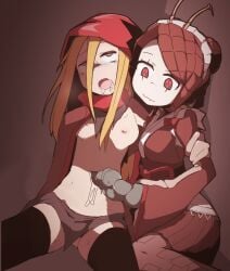 2girls antennae antennae_(anatomy) cum_from_navel drooling entoma_vasilissa_zeta evileye eyes_rolling_back female female_only insect_eyes insect_girl lesbian_domination lesbian_sex multiple_girls navel_fetish navel_fuck navel_penetration navel_sex nns_(sobchan) overlord_(maruyama) red_eyes red_hair small_breasts sweat yellow_eyes yellow_hair yuri