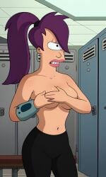 ai_generated ass bigmic145 breasts covering_breasts cyclops female futurama leggings locker_room medium_breasts one_eye purple_hair tease teasing topless turanga_leela