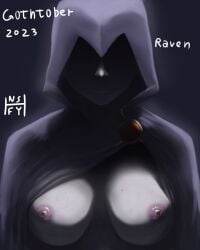 2023 black_background breasts breasts_exposed breasts_out cloak dc dc_comics erect_nipples female gothtober grey_skin hidden_face hoodie large_breasts nipples nsfy_(artist) october pale-skinned_female pale_skin purple_cloak purple_hood purple_hoodie purple_nipples raven_(dc) teen_titans teen_titans_(television_series)