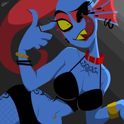 2019 anthro big_breasts black_sclera blue_skin bra bracelet breasts cleavage clothed clothing collar colored_nails ear_frills ear_piercing eyelashes female finger_gun fish fishnets frills hair hi_res jewelry legwear long_hair looking_at_viewer marine nato_osushi navel navel_piercing no_irises non-mammal_breasts piercing ponytail pose red_hair ring sharp_teeth small_waist smile solo stockings tattoo teeth thigh_highs tongue tongue_out tongue_piercing undertale underwear underwear_only undyne video_games wide_hips yellow_sclera