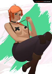 1girls areolae big_breasts biting_lip black_pasties boots braid braided_ponytail breasts choker cleavage female female_only freckles ginger green_eyes highres leah_(stardew_valley) light_skin long_hair looking_at_viewer nipples orange_hair pasties pussy red_hair sillygirl sinner slim solo stardew_valley suspenders teenager x_pasties