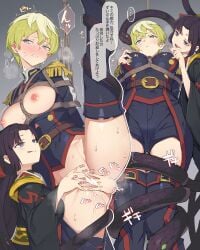 2girls belt black_shirt blazer blonde_hair blue_eyes blush bondage boots bound breast_bondage breasts clenched_teeth epaulettes female fingering groin highres izumo_tenka jacket japanese_clothes kimono large_breasts long_hair mato_seihei_no_slave multiple_females multiple_girls multiple_views nipples open_mouth purple_eyes restrained sands9 shibari_over_clothes shikoku shirt short_hair shorts snake speech_bubble split standing standing_on_one_leg standing_split sweatdrop teeth thigh_boots thigh_gap translation_request very_short_hair yuri
