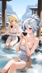 2girls ai_generated arlecchino_(genshin_impact) female genshin_impact liarty lumine_(genshin_impact) nude_female onsen relaxing tea_cup towel_only
