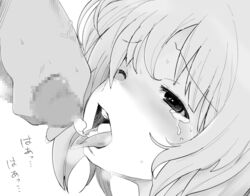 1boy censored cum cum_in_mouth cum_on_tongue female girls_und_panzer greyscale henyaan_(oreizm) monochrome mosaic_censoring nishizumi_miho one_eye_closed penis short_hair tears tongue tongue_out