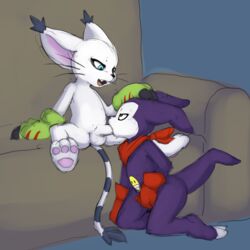 digimon digimon_(species) duo female futa_on_male futanari gatomon hand_on_head hi_res impmon male no_humans oral sketch straight vulapa