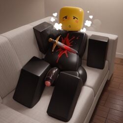 1boy 3d ai ai_generated blood_stain blush blushing_at_viewer breath breath_cloud civitai die_of_death_(roblox) exhausted full_body lying_on_sofa male male_only mequot mequot_(die_of_death) naked naked_male nude nude_male out_of_breath penis pink_tip r63 relaxing roblox roblox_game robloxian stabbed_through sword veiny_penis