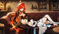 2girls ai_generated female genshin_impact laying_down laying_on_back laying_on_couch laying_on_lap liarty lumine_(genshin_impact) mavuika_(genshin_impact) patting_head relaxing