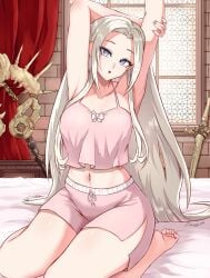 1girls :o alternate_costume axe commentary curtains edelgard_von_hresvelg english_commentary female female_only fgsketch fire_emblem fire_emblem:_three_houses grey_hair highres indoors long_hair looking_at_viewer midriff nintendo purple_eyes signature sitting solo sword sword_of_the_creator thighs weapon window