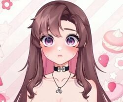 1girls 2d ai ai_art ai_assisted ai_generated background brown_hair cleavage collar dani_(polarcubyt) female female_only indie_virtual_youtuber indie_vtuber long_hair looking_at_viewer naked necklace necklace_only nude pink_eyes polarcub real_person roblox roblox_youtuber virtual_youtuber vtuber wide_eyed youtube youtuber