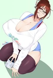 1girls alternate_breast_size big_breasts breasts breasts_bigger_than_head brown_eyes brown_hair cleavage female female_only glasses hair_bun hair_ornament huge_breasts large_breasts looking_at_viewer mei_(overwatch) overwatch puffy_nipples rice-chan shorts solo thick_thighs thighhighs white_shirt