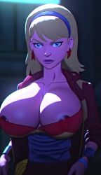1girls ai_generated battle_of_the_supersons blonde_hair blue_eyes bracelet breast_expansion breast_growth breasts cassie_sandsmark earrings expressionless female female_only hairband hands_on_breasts hands_on_own_chest ibnalxuffasch94 jacket jacket_open lasso nipple_slip nipples nipples_outside solo solo_female star_earrings video wonder_girl young_justice
