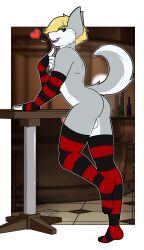 anthro armwear backsack balls blonde_hair blue_eyes bottle canid canine canis clothing container domestic_dog fur furniture genitals grey_body grey_fur hair heart_symbol hi_res husky legwear looking_at_viewer male mammal nordic_sled_dog penis penis_tip rear_view solo spitz stockings table thibbycat white_body white_fur