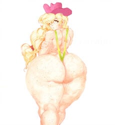 1girls applejack_(mlp) ass big_ass blonde_hair cowboy_hat female freckles huge_ass human humanized my_little_pony pebuhsart ponytail pornbuh sling_bikini solo straight_hair thick_thighs