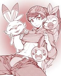 1boy abs ambiguous_gender bandana bulge feral fully_clothed furry grookey human lagomorph looking_at_viewer male male_focus midriff monkey monochrome muscular muscular_male nintendo pants pokemon pokemon_(species) pokemon_ss scalie scorbunny shirt shirt_lift skibby sobble solo_male text underwear victor_(pokemon) watermark