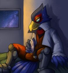 avian bedroom bird clothed clothing cum cum_on_penis falco_lombardi hi_res humanoid_penis male male_only masturbation nintendo penis sitting solo spookybooty star_fox video_games