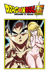 aqua_eyes arm_under_breasts blonde_hair cover_page crossover dragon_ball dragon_ball_super female goku hair_between_eyes looking_away male metroid mole_under_mouth navel nintendo nude nude_female pussy samus_aran shaved_pussy son_goku ultra_instinct