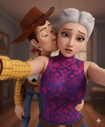 ai_generated call_of_duty call_of_duty_modern_warfare_2_(2022) crossover crossover_pairing crossover_shipping female height_difference izanami_(call_of_duty) kissing male male/female selfie size_difference toy_story woody_pride