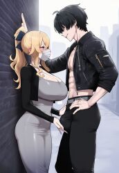 1boy 1girls ai_assisted ai_generated ass blonde_hair blue_eyes breasts crossover duo erection_under_clothing female genshin_impact huge_breasts jean_gunnhildr kabedon light-skinned_female light-skinned_male male male_rover_(wuthering_waves) muscular muscular_male pale-skinned_female penis perfect_body rover_(wuthering_waves) taller_male touching_bulge truck_kun wuthering_waves
