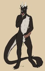 anthro balls claws cum cum_in_mouth cum_inside dragon drinking drinking_cum erection fur furred_dragon hi_res kyrosh male male_only nude penis simple_background solo sugas tongue