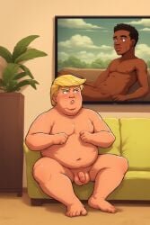 ai_generated bill_clinton blowjob cartoon couch djt donald_j_trump donald_trump maga nude obese on_knees porn sofa tv