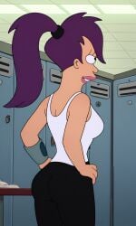 ai_generated ass bigmic145 breasts cyclops female futurama leggings locker_room medium_breasts one_eye purple_hair tank_top turanga_leela
