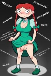 1futa 1girls aged_up ai_generated alternate_version_available balls black_background blush bottomless braided_twintails embarrassed exposed_penis freckles futanari green_dress hairbow hey_arnold! humiliation lila_sawyer nickelodeon nightmare penis penis_out puffy_sleeves rarewaifus red_hair shoes skirt skirt_lift small_penis small_penis_humiliation socks solo spotlight standing testicles text twin_braids