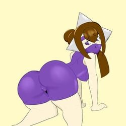 ass breasts brown_hair clothed comet_(custom_robo) custom_robo deadzii female headband looking_back purple_eyes skin_tight spandex