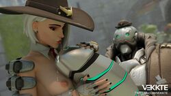 1boy 1girls 3d android areolae ashe_(overwatch) asymmetrical_hair black_nails blender bob_(overwatch) breasts clothed_male_nude_female cowboy_hat cyborg duo earring female fingerless_gloves hat huge_cock hyper_penis it'll_never_fit jacket male metal_penis nipples overwatch penis penis_kiss puckered_lips red_lips robot straight thick_penis vekkte white_hair