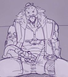 bob_(overwatch) clothed clothing cum cum_drip dripping looking_at_viewer machine male male_only masturbation overwatch penile_masturbation penis robot sketch solo unknown_artist