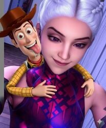 ai_generated call_of_duty call_of_duty_modern_warfare_2_(2022) crossover crossover_shipping female height_difference izanami_(call_of_duty) size_difference toy_story woody_pride