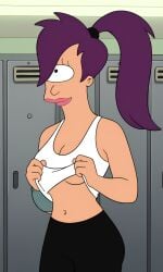 ai_generated ass bigmic145 breasts cyclops female futurama leggings locker_room medium_breasts one_eye purple_hair stripping tank_top tease teasing turanga_leela