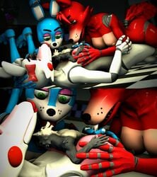 1boy 2019 3d 3girls 4k absurd_res animatronic anthro anthrofied big_breasts bonnie_(fnaf) breasts canid canine canis cum cum_on_hand cum_on_penis cumshot ejaculation fellatio female five_nights_at_freddy's five_nights_at_freddy's_2 fox fox_whisper85 foxy_(fnaf) giantess_fellatio green_eyes group group_sex hand_on_breast handjob harem hi_res kissing lagomorph larger_female licking machine macro male mammal mangle_(fnaf) micro micro_on_macro multiple_girls nipples oral orgasm penis rabbit robot rule_63 sex size_difference smaller_male source_filmmaker sucking teamwork teeth threesome tongue tongue_out video_games wolf yellow_eyes