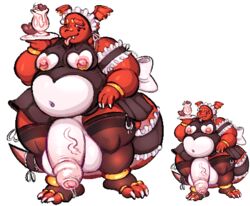 anthro balls big_balls big_penis clothed clothing crossdressing digimon digimon_(species) ear_piercing fan_character felix_the_guilmon foreskin guilmon humanoid_penis jewelry king_felix male male_only nipple_piercing nipples obese overweight overweight_male penis petit-bambi piercing precum scalie