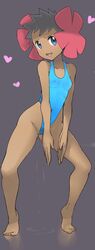 1girls bare_shoulders blue_eyes blue_swimsuit blushing breasts cameltoe clothed dark-skinned_female dark_hair dark_skin dripping_pussy edit elite_four eyelashes feet female female_focus female_only gozaru hair_ornament hearts human human_only nintendo nipples_visible_through_clothing one-piece_swimsuit phoebe_(pokemon) pokemon pokemon_oras pokemon_rse pussy pussy_juice short_hair shoulders sleeveless small_breasts sole_female solo solo_female solo_focus swimsuit tiptoes toes wet