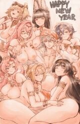 1boy 6+girls animal_ear_fluff ass astra_yao belle_(zenless_zone_zero) big_breasts black_hair blank_background blonde_hair blue_hair blush bracelet brother_and_sister burnice_white different_breast_sizes ear_piercing earrings evelyn_chevalier film_grain fingernails fox_ears fox_girl glasses gray_hair green_eyes gusty10rk hair_ornament hand_on_another's_head hand_on_head happy_new_year harem harem_outfit headwear hoshimi_miyabi incest jewelry light-skinned_female light-skinned_male long_hair looking_at_partner looking_at_viewer lying_down multiple_girls muscular necklace nicole_demara nipples nude pink_eyes pink_hair purple_eyes red_eyes ring semi-rimless_eyewear shirt short_hair smile thick_thighs thiren thumbs_up tsukishiro_yanagi twintails very_long_hair wise_(zenless_zone_zero) wristwear zenless_zone_zero