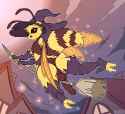 absurd_res anthro arthropod bee broom broom_riding cerezo cleaning_tool clothing genitals hat headgear headwear hi_res insects lepidopteran male penis solo tagme wings witch_hat