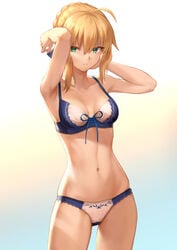 1girls abs armpits artoria_pendragon blonde_hair blue_bra blue_panties bra breasts cleavage fate/grand_order fate/stay_night fate_(series) female_only green_eyes lingerie mashu_003 midriff panties saber small_breasts solo standing underwear