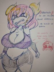 2girls anger_vein arm_support boobs breasts color colored dragon dragon_girl elbow_gloves female glasses gym_uniform horns huge_boobs huge_breasts ilulu_(dragon_maid) kemonomimi kobayashi kobayashi-san_chi_no_maidragon miss_kobayashi's_dragon_maid pencil_(artwork) pink_hair rokoryt_art short_hair shortstack sketch text traditional_media_(artwork) tremble_spikes