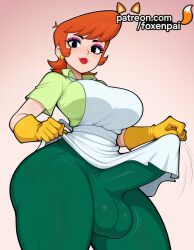 1futa 2025 ai_generated artist_name breasts bulge bust chest clothes_lift dexter's_laboratory dexter's_mom dress dress_lift earrings flashing foxenpai futanari gloves gradient gradient_background green_gloves hi_res high_quality high_resolution highres intersex jewelry lifted_by_self patreon patreon_username skirt skirt_hold skirt_lift solo stable_diffusion watermark yellow_dress